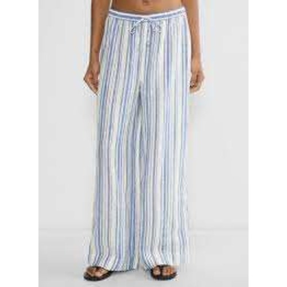 Little Moon Aritzia Wide Leg‎ Striped Pants XS Blue White Linen Blend Drawstring